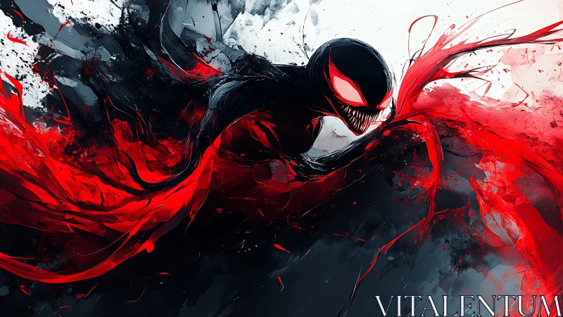 Sinister alien creature amid explosive red abstract motion.