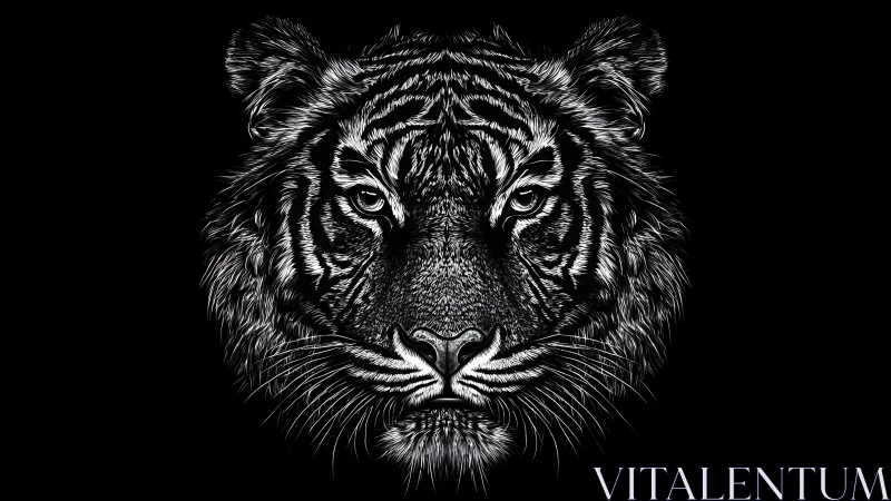 Tiger portrait rendered in stark monochrome line detail.