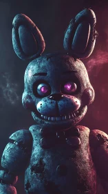 Glowing eyed robot bunny stands in moody neon mist tonight