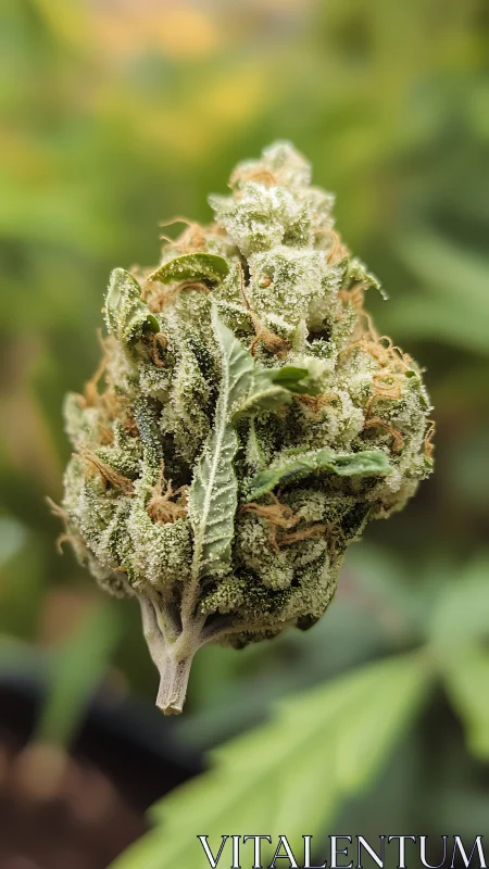 Close-up macro view of frosty cannabis flower bud.