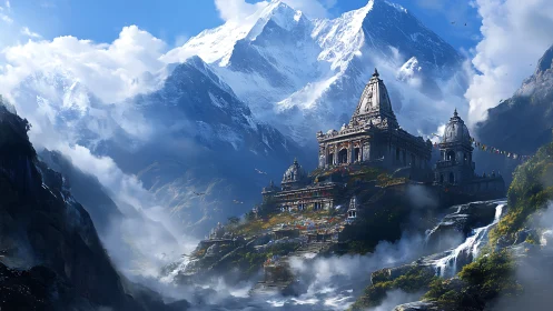 Mountain temple citadel emerging through glacial mist.