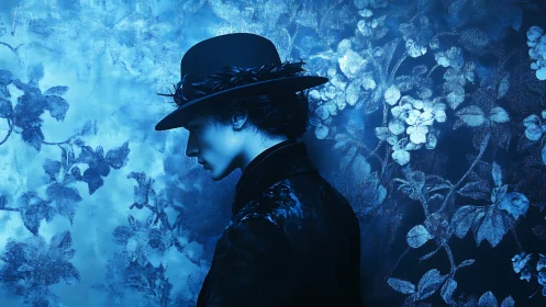 Side profile portrait of man in hat against blue florals.