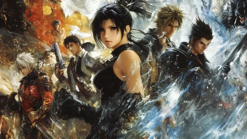 Bold anime heroes stand united in a storm of vivid energy