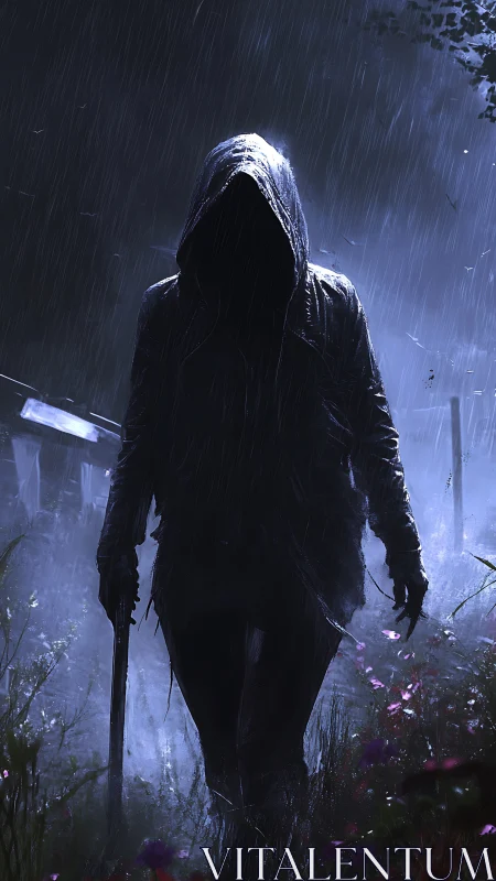 Hooded figure stands in rain holding long weapon at night