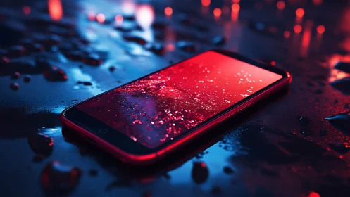 Cyberpunk wet-surface smartphone render with neon reflections.