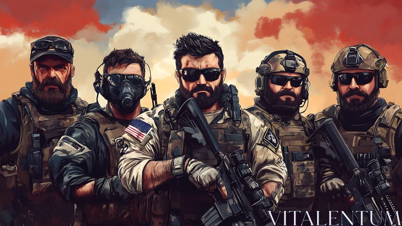 Tactical squad stands united against dramatic sunset sky.