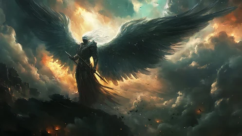 Armored dark angel spreads vast wings above storm clouds