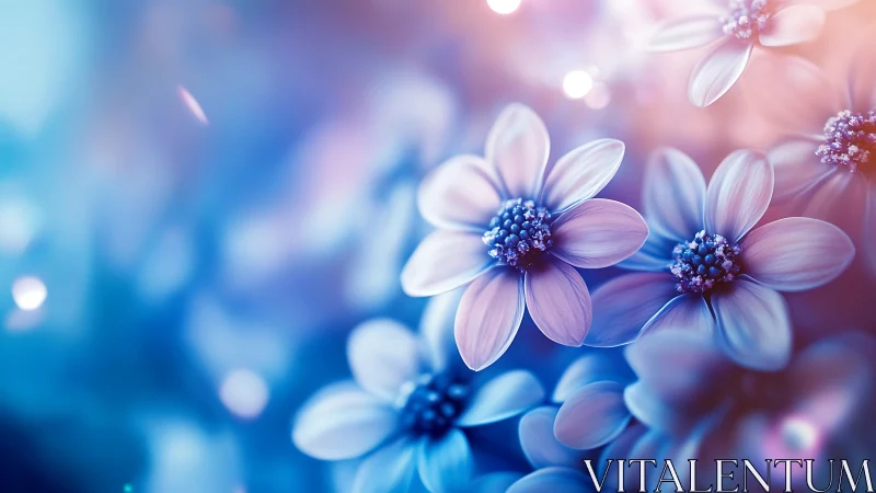 Soft-Focus Daisy Blooms Against Gradient Blue-to-Pink Backdrop.