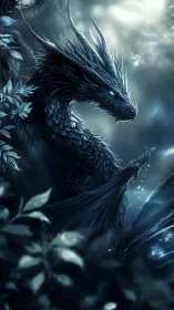 Moonlit azure dragon coils through misty forest shadows.