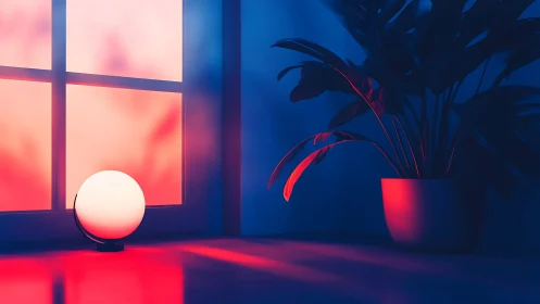 Glowing orb lamp beside potted plant in neon room.