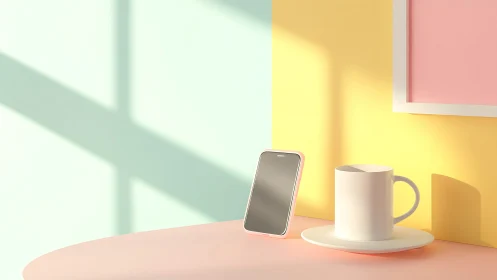 Minimalist workspace scene with smartphone, ceramic mug, and pastel architectural elements bathed in
