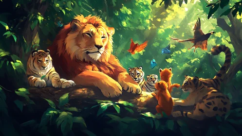 Lion and Tiger Cubs in Sunlit Jungle Sanctuary.