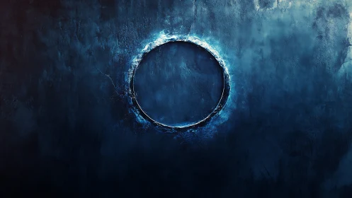 Textured blue void circle on distressed abstract wall surface.