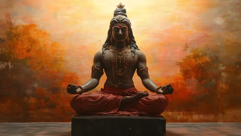Meditative deity statue with warm abstract backdrop.