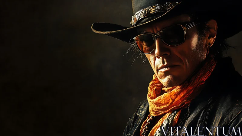 Photographic portrait of a rugged cowboy in dramatic chiaroscuro.