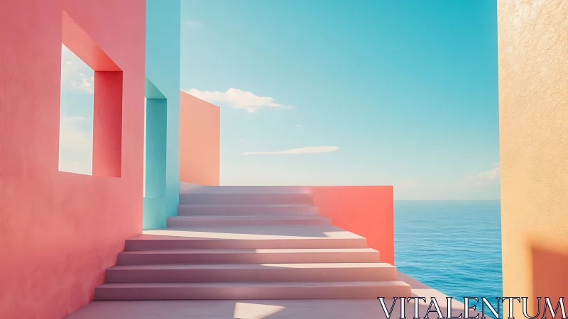 Surreal Pastel Architecture Overlooking Tranquil Ocean