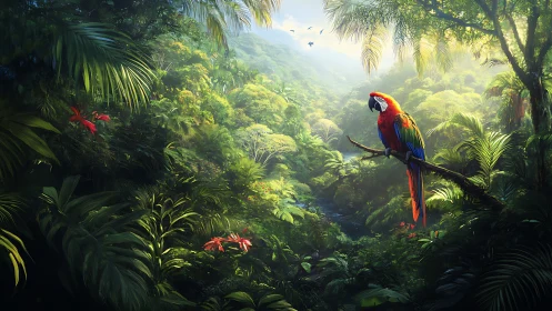 Macaw rests on branch above dense, sunlit rainforest valley