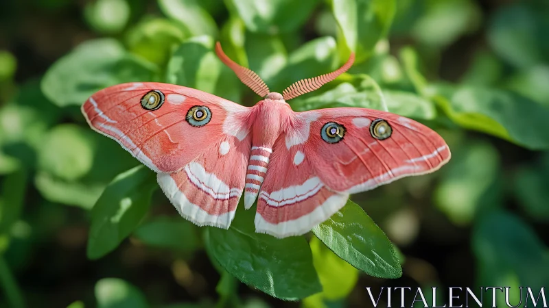 Pink moth with eye spots resting on green foliage.