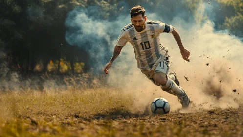 Dynamic football sprint in dusty backlit outdoor field action.