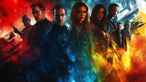 Vivid ensemble of armed agents stands amid elemental colors.