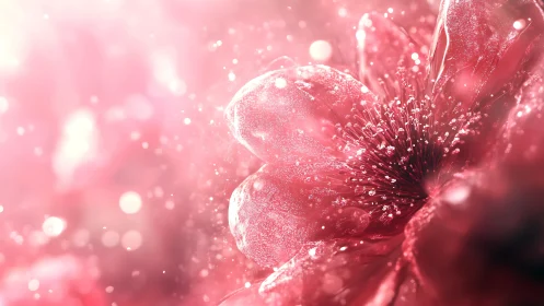 Macro view of pink flower petals with dewdrops in light.
