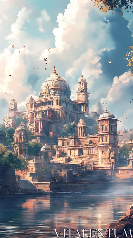 Riverside domed citadel under luminous cumulus skyscape.