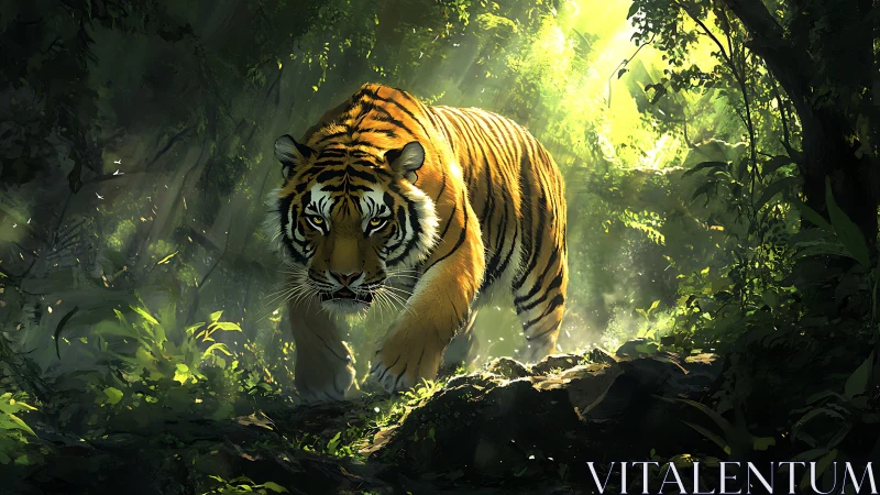 Predatory tiger advances through high-contrast sunlit jungle