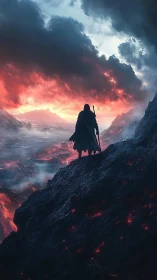 Cloaked wanderer surveying lava basin beneath apocalyptic sky.