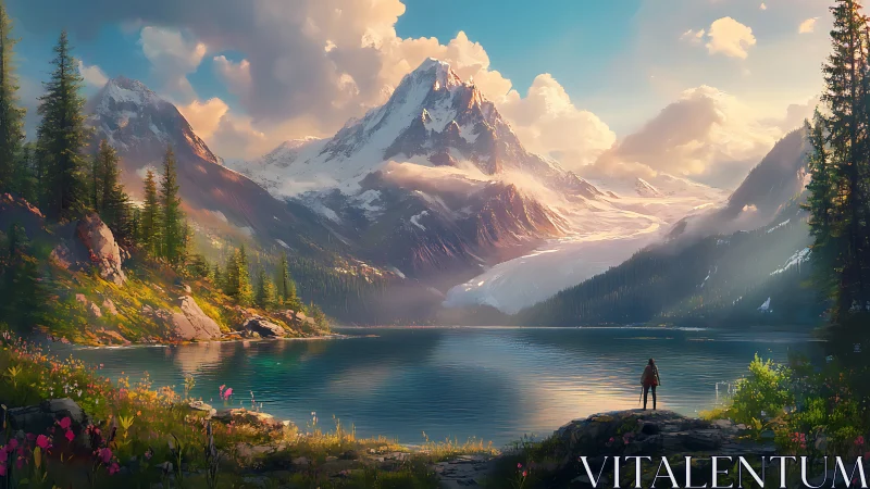 Solitary hiker before glaciated alpine peak at sunset glow