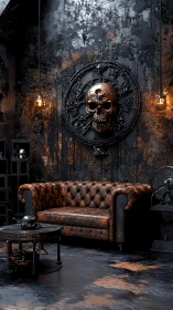Rust‑kissed skull lounge in molten industrial midnight glow.