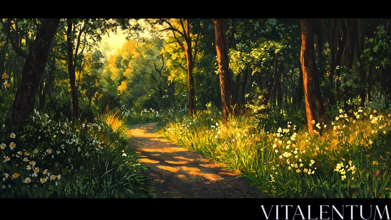 Sunlit woodland path with high-saturation digital foliage rendering.