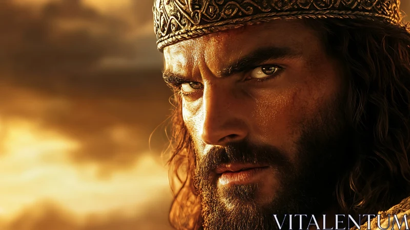 Intense bearded warrior king in golden sunset light.
