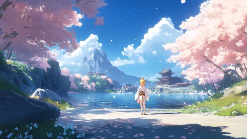 Spring pilgrimage toward lakeside temple under sakura sky.