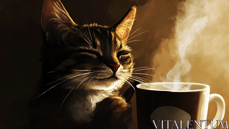 Tabby cat with mug and steam in warm golden light