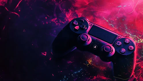 Glowing game controller floating in vivid neon color clouds.
