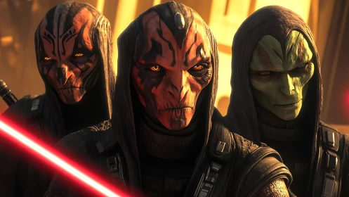 Sith warriors with red lightsaber in dramatic close-up.
