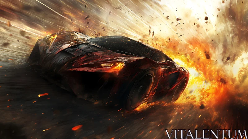 Hyperdynamic red supercar outrunning explosive firestorm plume
