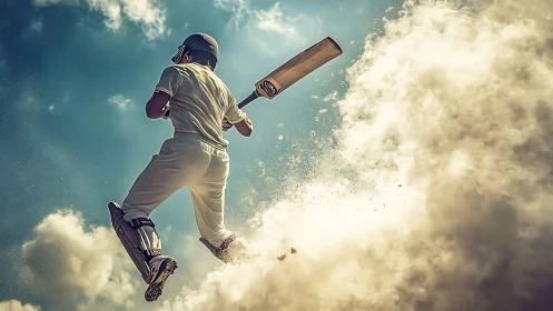 Cricketer leaping through dust clouds under vivid sky.