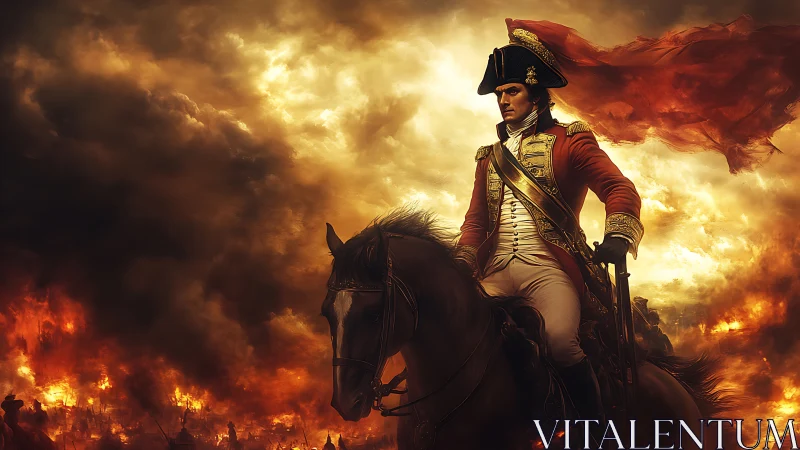Mounted officer in red uniform amid burning battlefield.