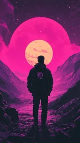 Neon wanderer facing a cosmic sunrise in magenta canyons.