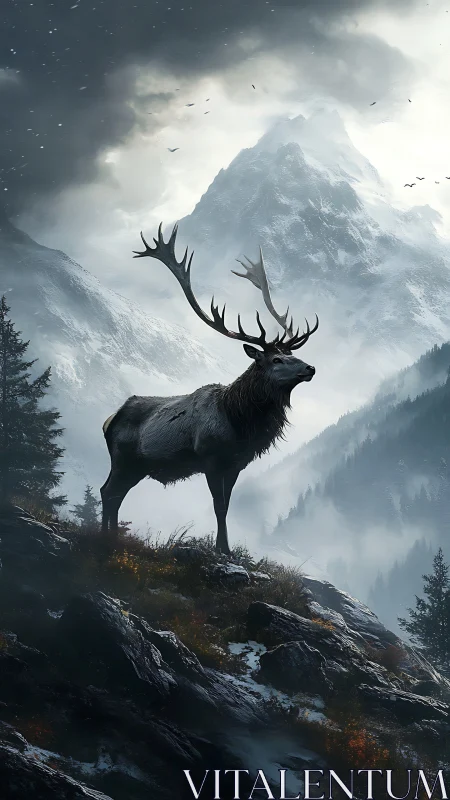 Majestic stag overlooking misty alpine mountain pass.