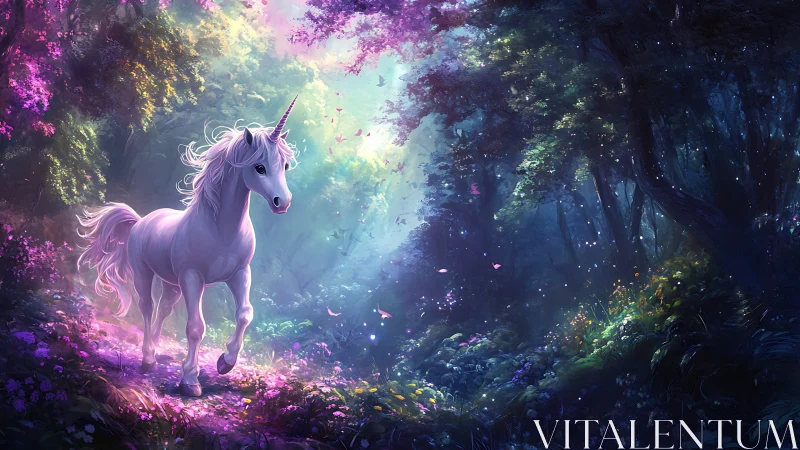White unicorn in luminous forest path with dense foliage.