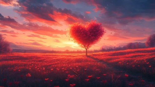 Heart-Shaped Tree in a Red Flower Field at Sunset.