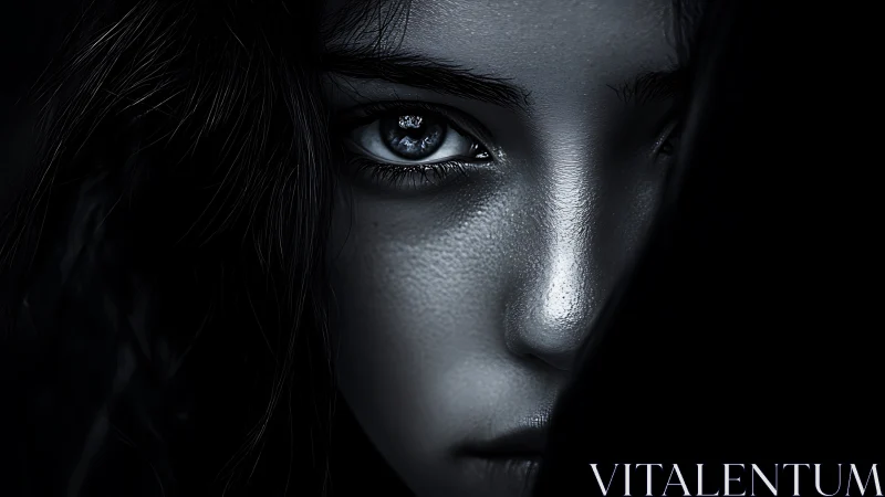 High-contrast monochrome close-up of partially obscured face