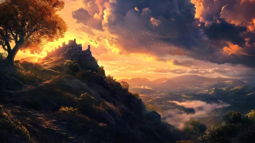 Ruined hilltop castle overlooks glowing sunset valley