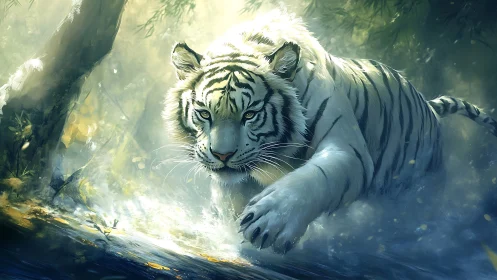 White tiger charge through misty forest stream at dawn.