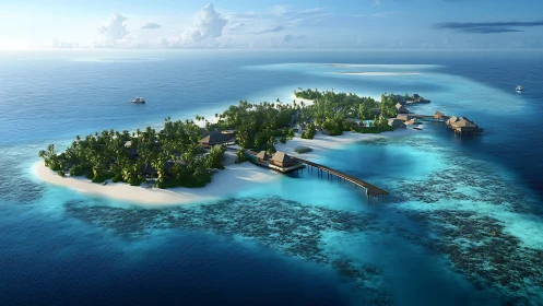 Maldivian Atoll Resort Aerial: Overwater Bungalows with Turquoise Lagoon.