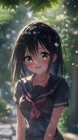 Smiling schoolgirl stands outdoors under soft dappled light