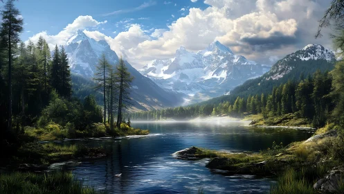 Sunlit alpine lake beneath towering snowbound peaks.