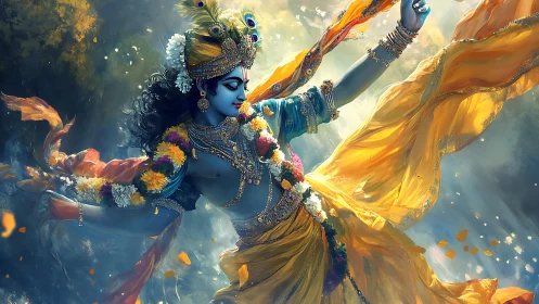 Celestial blue dancer whirls through marigold-scented light.